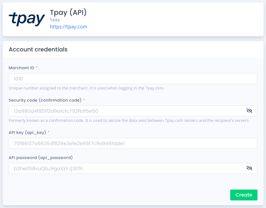 Tpay (API) configuration